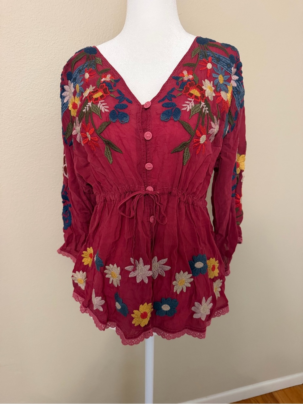 Johnny Was Berry Embroidered V-Neck Tunic with Multicolor Floral Accents